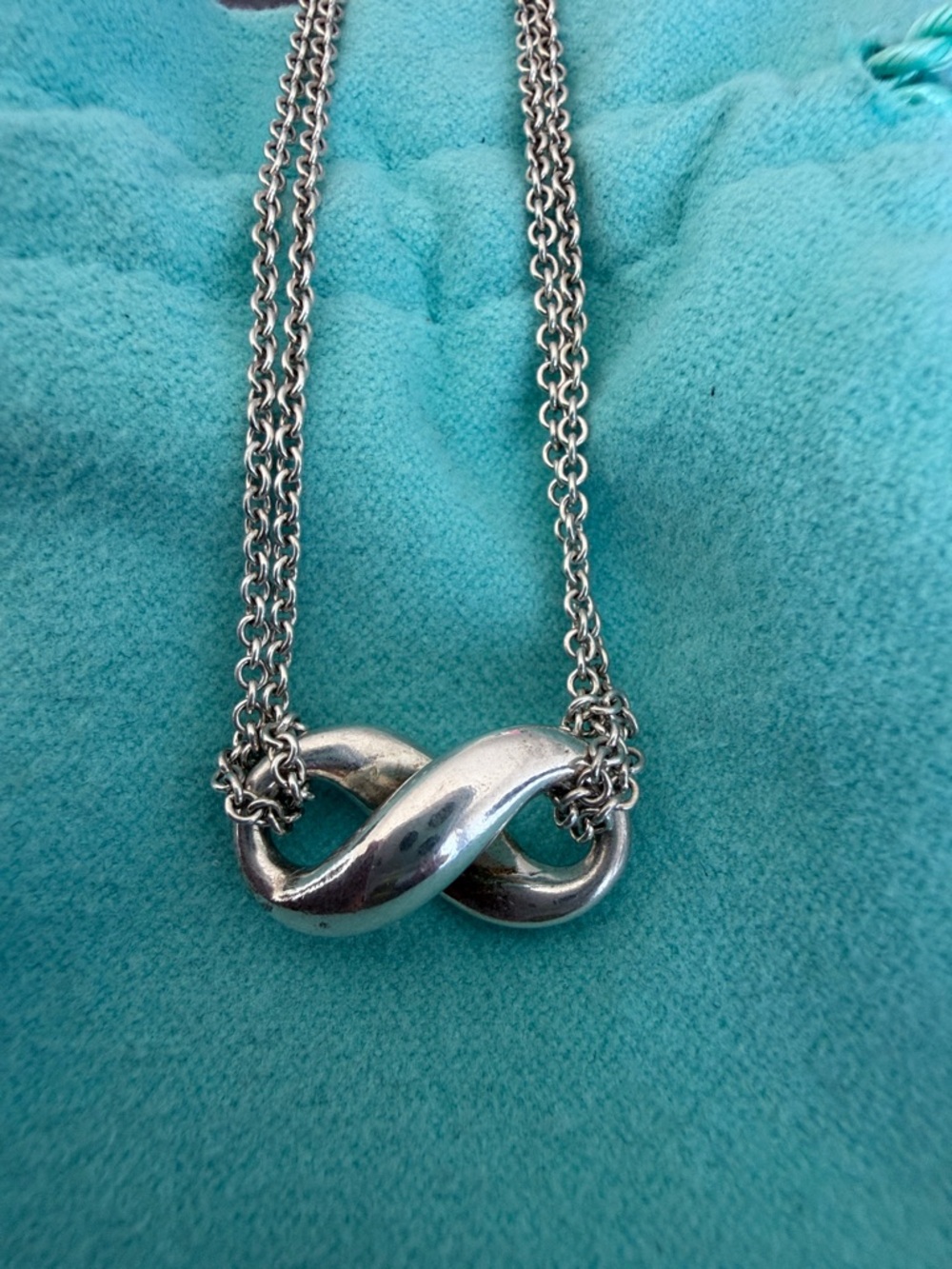 Tiffany & Co. Sterling Silver Infinity Double Chain Pendant Necklace 16” w/pouch - Picture 4 of 9
